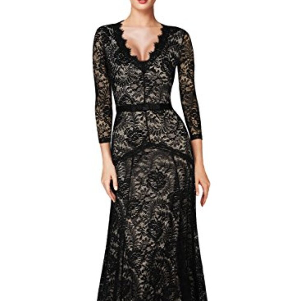 Miusol Formal Black Lace Gown – Nude Lining, Size M